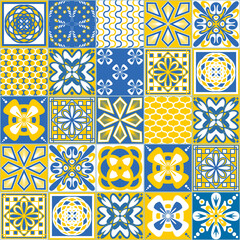 Yellow blue seamless pattern, traditional spanish Azulejo vector illustration
