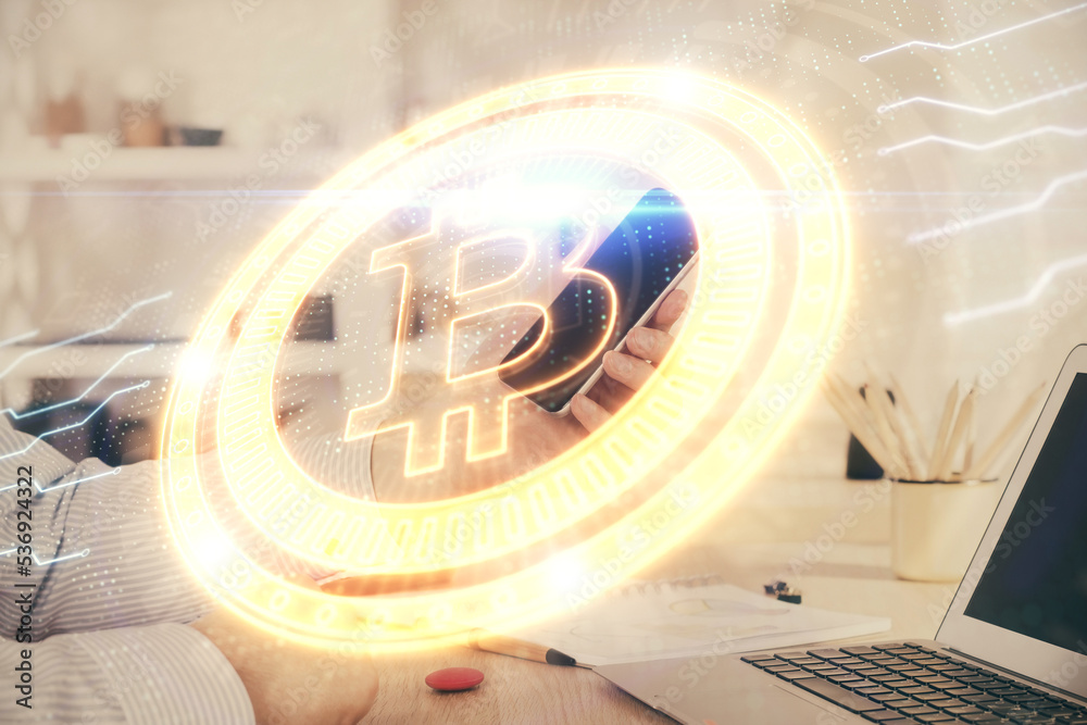 Poster Double exposure of man's hands holding and using a phone and crypto currency blockchain theme drawing.