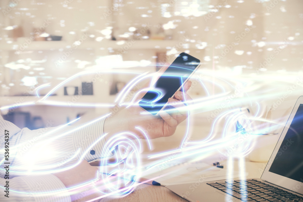 Aufkleber double exposure of man's hands holding and using a digital device and automobile theme hologram draw