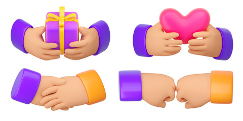 3d Human Handshake, punching, gift and heart holding. Business succes, teamwork, agreement, friendship and ovation concept. High quality isolated render