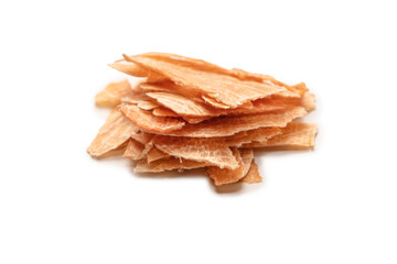 Group of tasty beer snacks. Dehydrated chicken meat slices.