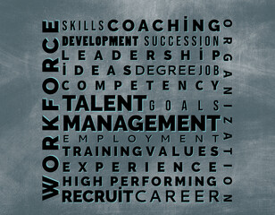 Talent Management word cloud template. Business concept background. Black text on a gray background