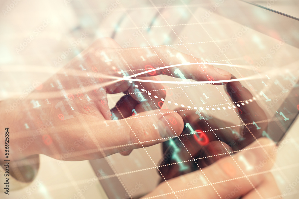 Aufkleber multi exposure of man's hands holding and using a phone and financial chart drawing. market analysis