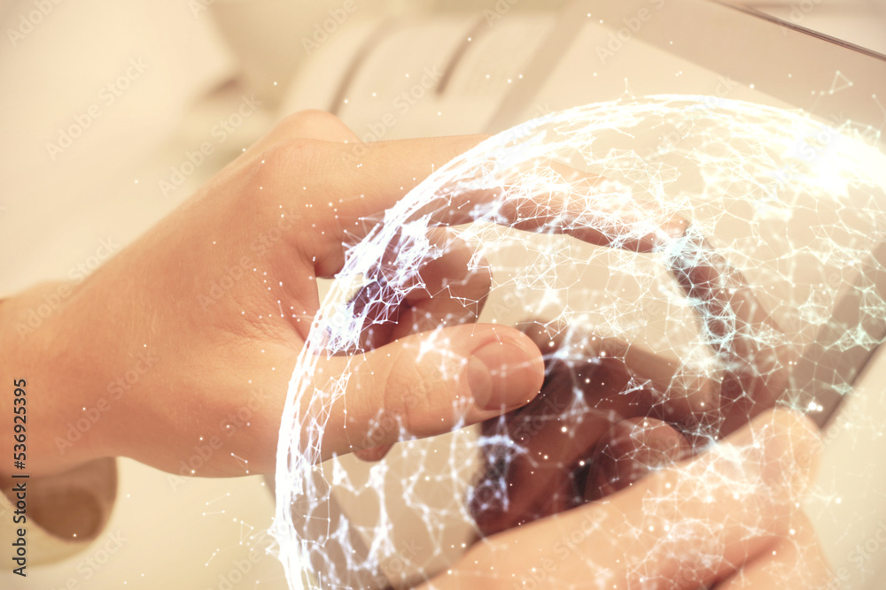Poster double exposure of man's hands holding and using a phone and social network theme drawing.