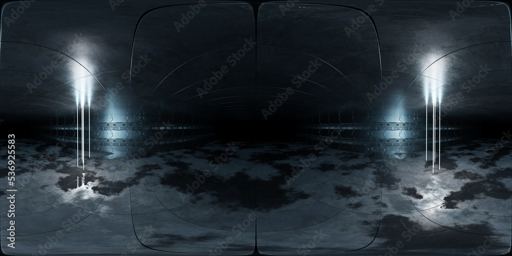 Aufkleber futuristic neon lights interior hdri. 360 panoramic view of a cyber garage room hangar with sci fi g