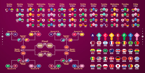 Vector schedule of matches of the World Football Championship 2022 with a sequence of games. The grid of the playoff draw and icons with flags of the participants of the games - obrazy, fototapety, plakaty