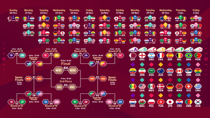 Vector schedule of all 64 matches of the World Football Championship 2022 with a sequence of games. Playoff draw grid and badges with flags of the participants of the games