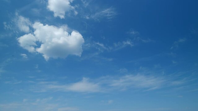 Unusual cirrus clouds in blue sky. Wide angle contrast daytime nature background. Timelapse.