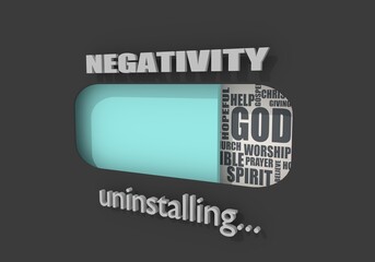 Progress bar or loading bar with christianity religion relative tags cloud. Negativity word. 3D render