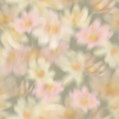 Colorful foral seamless pattern. Blurred flowers on pastel green background.