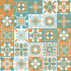 Azulejo talavera ceramic tiles, moroccan arabic wall decoration style, green orange seamless pattern