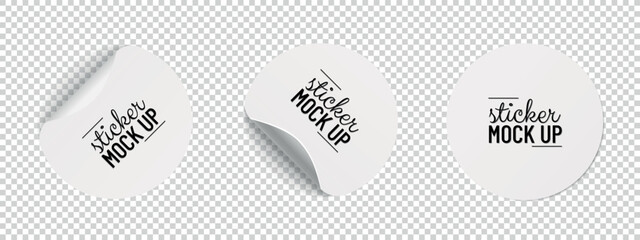 White Round Paper Adhesive Stickers Mock Up With Curved Corner And Shadow - Vector Illustrations Isolated On Transparent Background - obrazy, fototapety, plakaty