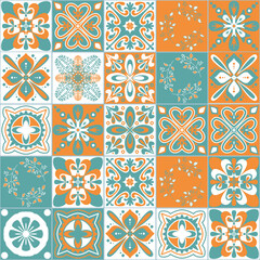 Azulejo talavera ceramic tiles, moroccan arabic wall decoration style, green orange seamless pattern vector illustration