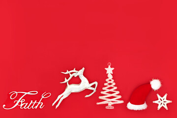 Christmas eve faith and wish concept on red background with santa hat, sign, reindeer and star tree...