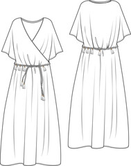 illustration of dress,knotting belt detail,	double-breasted 