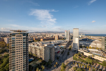 Modern high-rise buildings and shopping center in the coastal residential area of Diagonal Mar and...