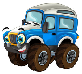 cartoon happy and funny off road police car looking like monster truck smiling vehicle illustration for children