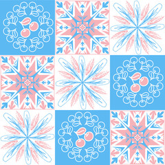 Spanish ceramic tiles azulejo talavera, pastel pattern pink blue cute delicate decor for walls and floors, vector illustration