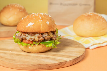 Homemade burger with minced meat and mozzarella