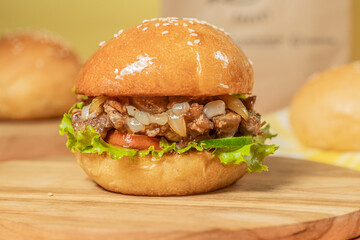 Homemade burger with minced meat and mozzarella