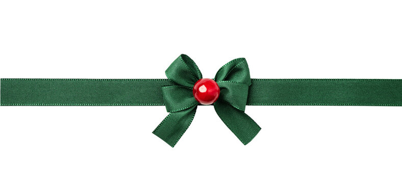 Green ribbon and  tied bow for Christmas gift package decoration. Tied bow as an element for your design.