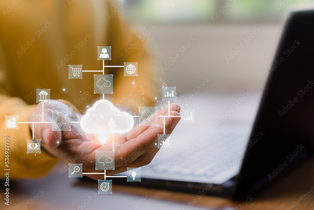 Poster Man working at cloud data icon, cloud computing diagram show on hand. Cloud technology. Data storage. Networking and internet service concept.