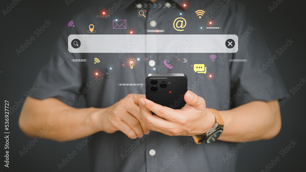 Poster Man using a mobile phone in the room for searching browsing internet data information. Business concept for smartphone using search with your website.