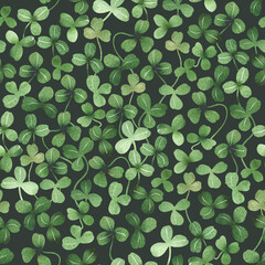 Watercolor clover leaves seamless pattern on dark background - 536927781