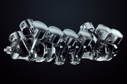 Pistons, connecting rods and crankshaft of an internal combustion engine on a black background. Concept art, engine operation, V-12, repair, engine, car. 3D rendering, 3D illustration.