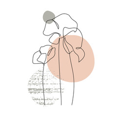 Abstract one line continuous poppy flower drawing on geometric shapes background in minimal style