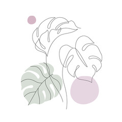 Abstract continuous tropical leaves, geometric shapes poster set in 1950 mid century style.