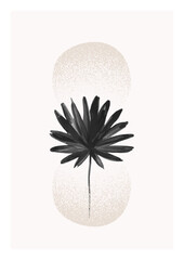 Modern illustration: tropical palm leaf, grunge textured circles