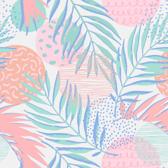 Fototapeta na wymiar Colorful grunge textured palm leaves, textured circle seamless pattern.