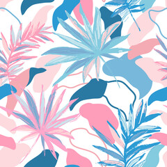 Naklejka premium Grunge tropical leaves sketch drawing on abstract foliage background. Collage art