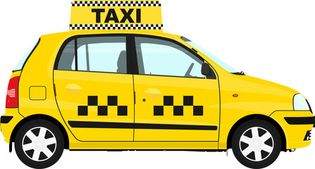Side view of small yellow taxi.