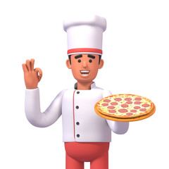 3d render of cheerful chef with pizza