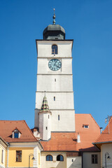 Fototapeta na wymiar The Council Tower (Turnul Sfatului) towards clear blue sky in the old city center of Sibiu, in Transylvania (Transilvania) region of Romania