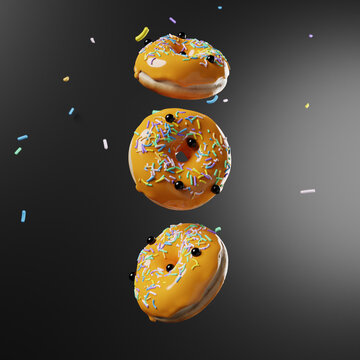 3d rendering of three donuts with orange glaze on a black background, floating in the air in a line.