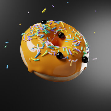 3d rendering of one donut with orange glaze on a black background, floating in the air. Halloween style.