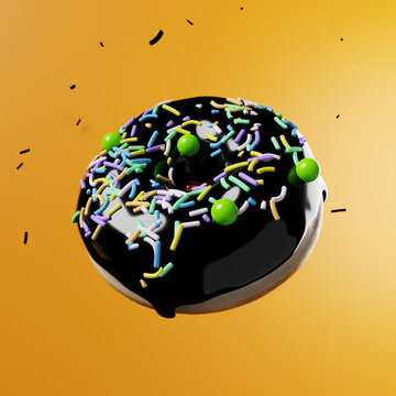 3d rendering of a single donut with black glaze on an orange background, floating in the air. Halloween style.