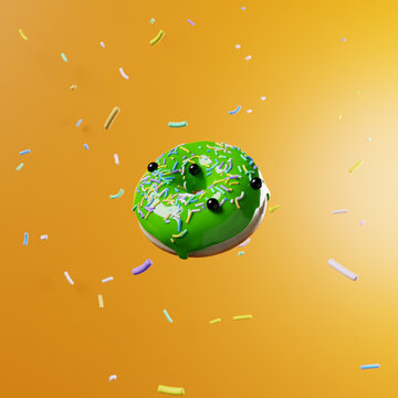 3d rendering of a single donut with green glaze on an orange background, floating in the air. Halloween zombie style.