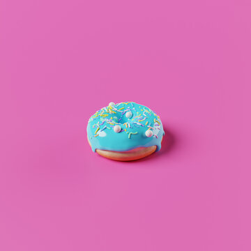 3d render of a donut with blue glaze on a pink background. The style of minimalism and pop art.