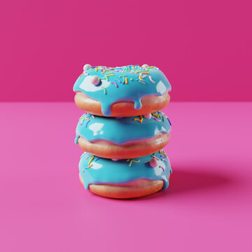 3d render of a stack of donuts with blue glaze on a pink background. The style of minimalism and pop art.