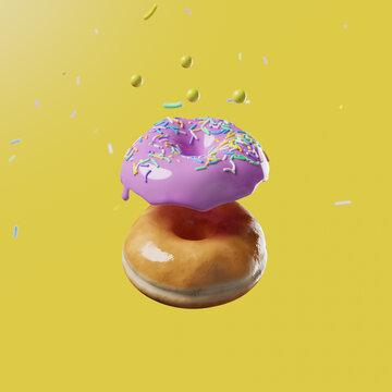 3d rendering of a donut floating in the air apart from pink glaze on a yellow background. Creative idea and pop art style.