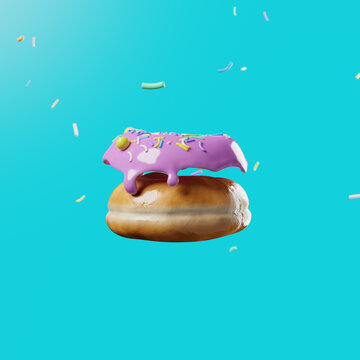 3d rendering of a donut floating in the air apart from pink glaze on a blue background. Creative idea and pop art style. Minimalism.