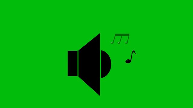 Animation icon of a loudspeaker and musical notes, on a green chroma key background
