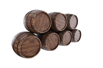 Wooden barrels for whiskey on a white background. 3D rendering, 3D illustration.