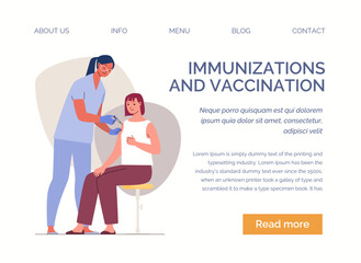 Nurse vaccinates people with vaccine injection to prevent diseases and viruses. Vaccination of adults patients. Website, template, landing page. Vector illustration. Flat cartoon characters.