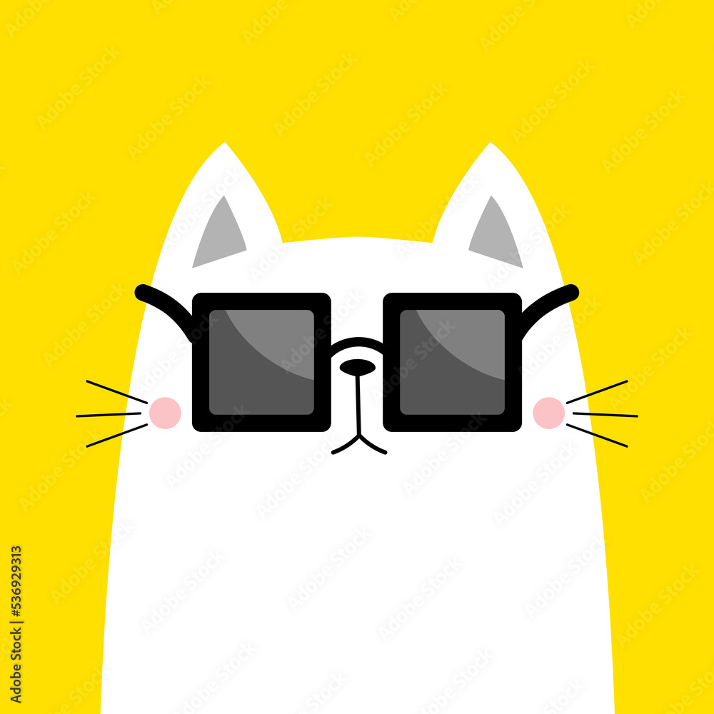 Wall mural white cat wearing square sunglasses eyeglasses. cute cartoon kawaii funny character. kitten in eyegl