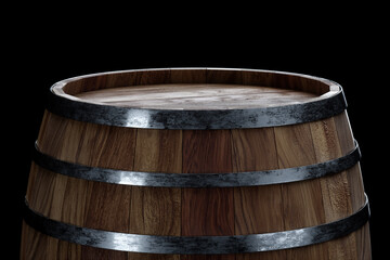 Wooden barrels for wine on a black background. Winemaking, wine. The concept of the production of alcoholic beverages. 3D rendering, 3D illustration.